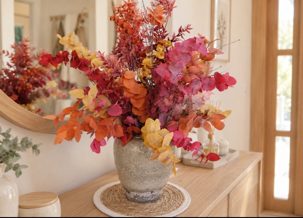 Centro Toscana de flores preservadas de otoño con eucalipto ruscus y abedul en tonos naranja, ocres y rojizos