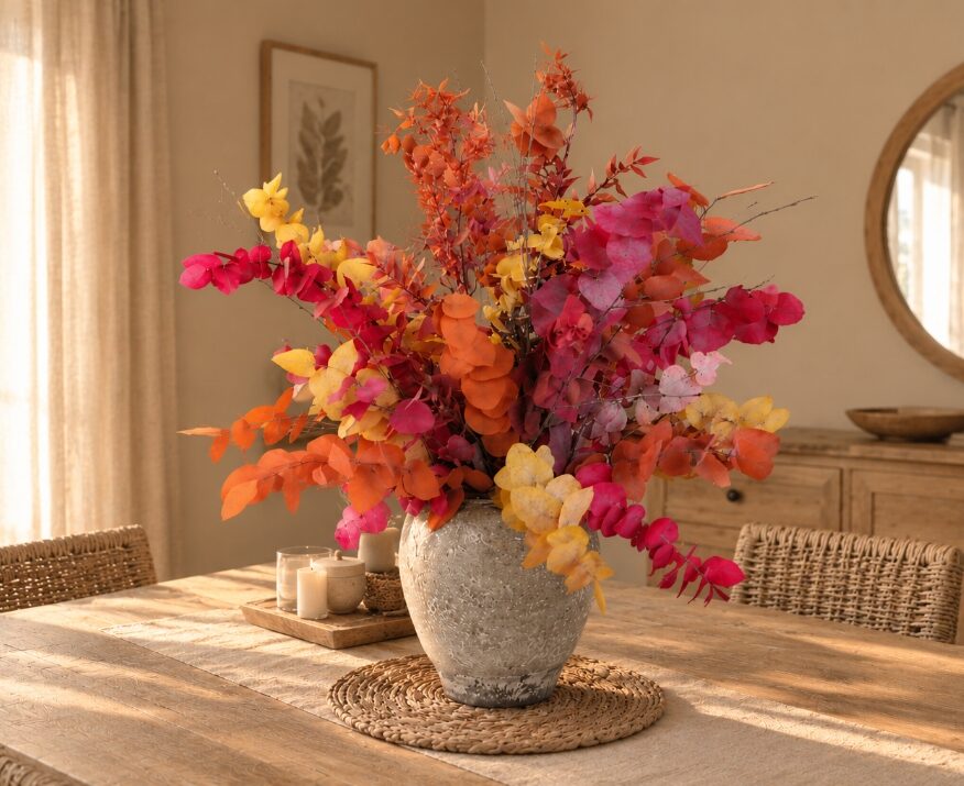 Centro Toscana de flores preservadas de otoño con eucalipto ruscus y abedul en tonos naranja, ocres y rojizos
